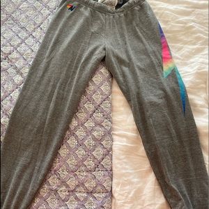 Grey Aviator nation sweatpants with rainbow lightning bolt size small